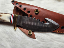Load image into Gallery viewer, Deer Antler Damascus Gut Hook Knife w/ Leather Sheath
