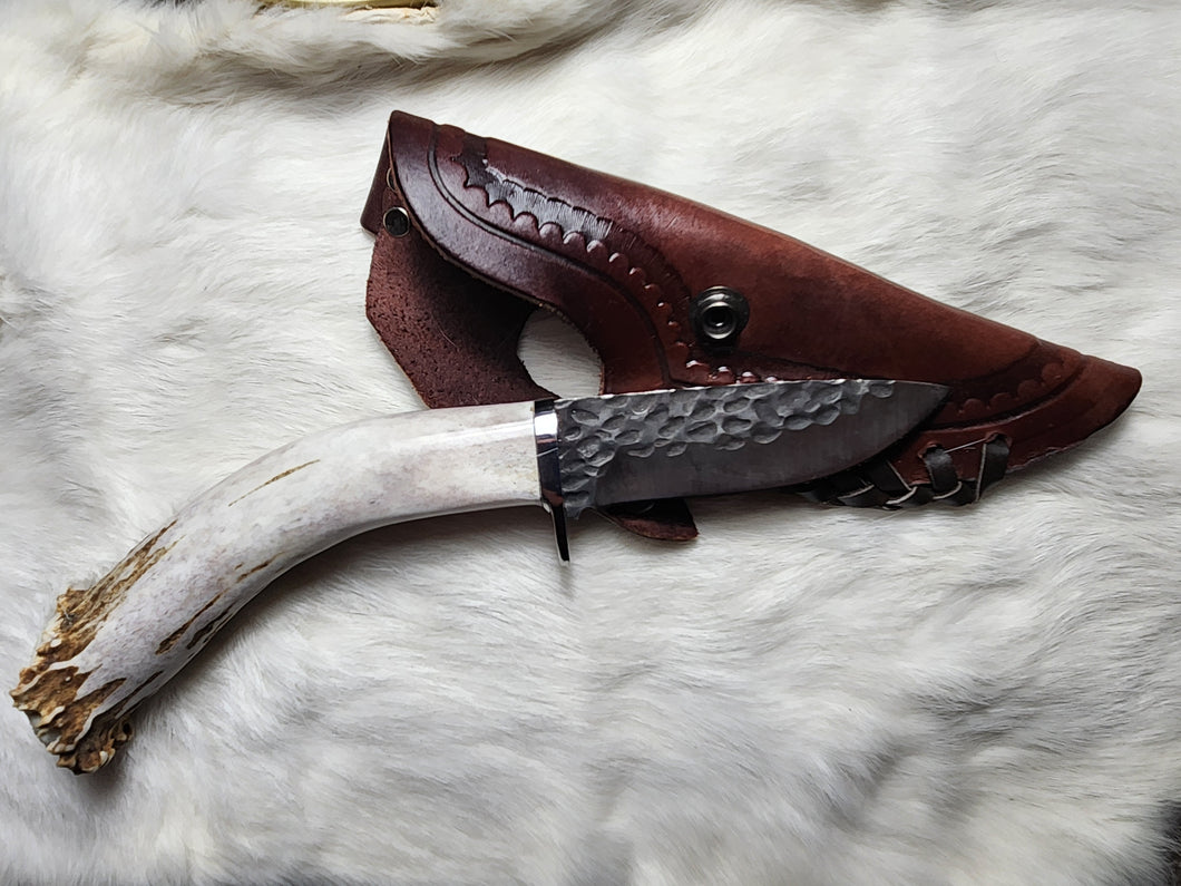 Deer Antler Hammered Stainless Steel Knife w/ Leather Sheath
