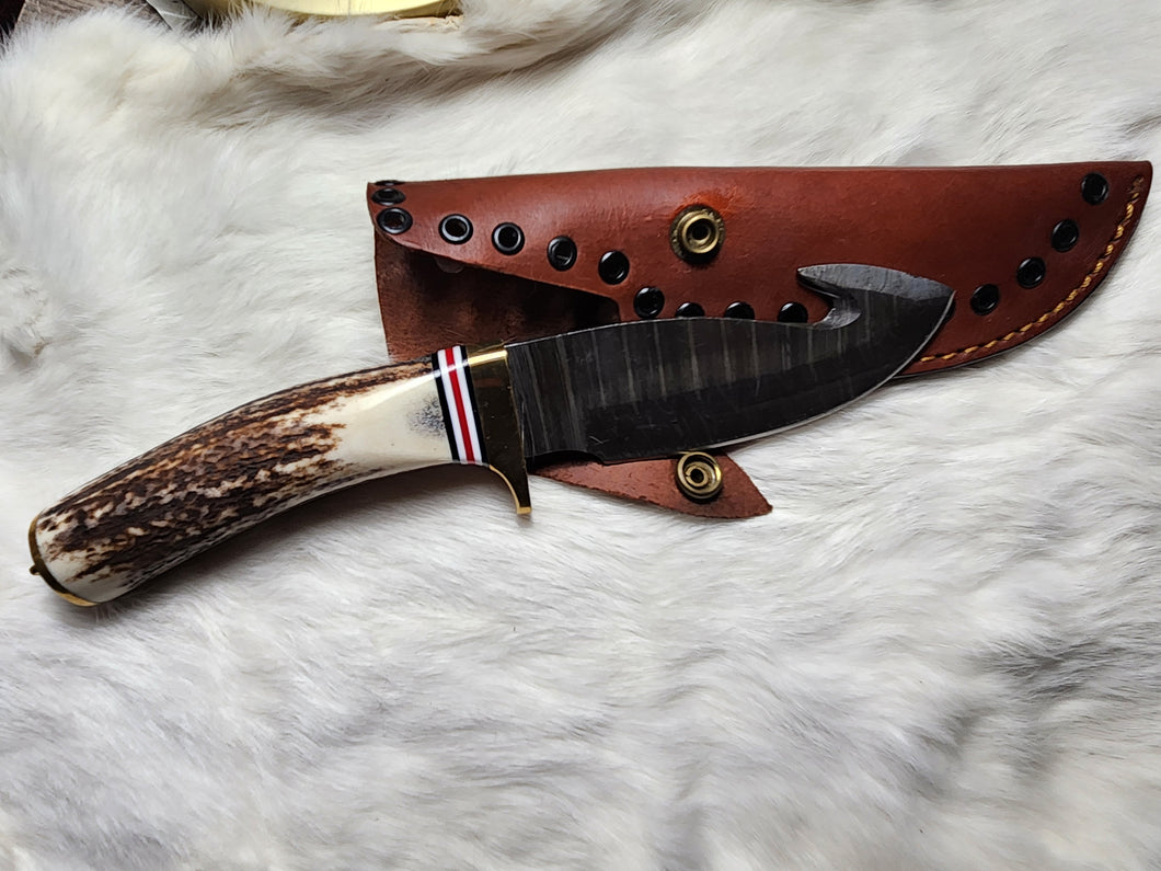 Deer Antler Damascus Gut Hook Knife w/ Leather Sheath